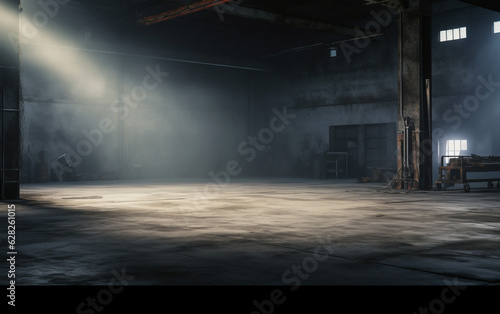 An empty studio with a cement floor  with floodlights above and smoke in the background