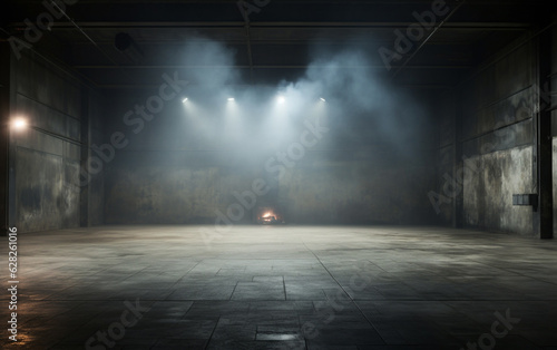 An empty studio with a cement floor  with floodlights above and smoke in the background