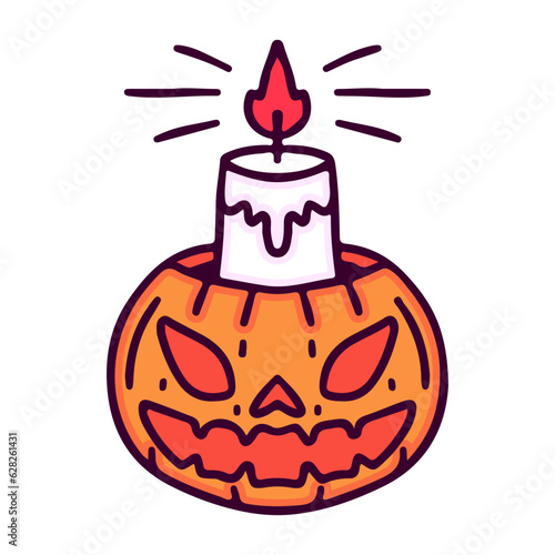 Pumpkin monster with candle inside, illustration for t-shirt, sticker, or apparel merchandise. With doodle, retro, and cartoon style.