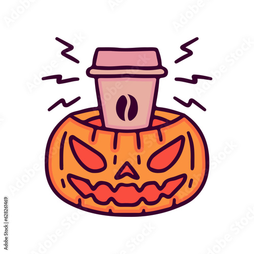 Pumpkin monster with cup of coffee inside, illustration for t-shirt, sticker, or apparel merchandise. With doodle, retro, and cartoon style.