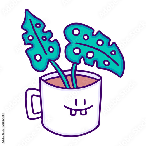 Monstera deliciosa plant inside a cup of coffee, illustration for t-shirt, sticker, or apparel merchandise. With doodle, retro, and cartoon style.