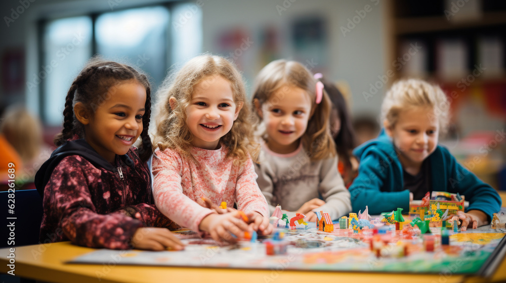 Kids playing board games during a school club meeting, banner, schoolkids, Generative AI Kids playing board games during a school club meeting, banner, schoolkids, Generative AI