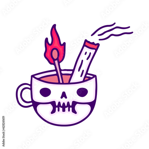 Cigarette and burning wooden match inside a skull mug, illustration for t-shirt, sticker, or apparel merchandise. With doodle, retro, and cartoon style.