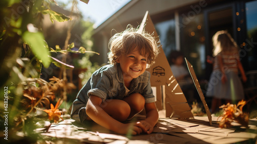 Children building a cardboard fort during playtime, banner, schoolkids, Generative AI