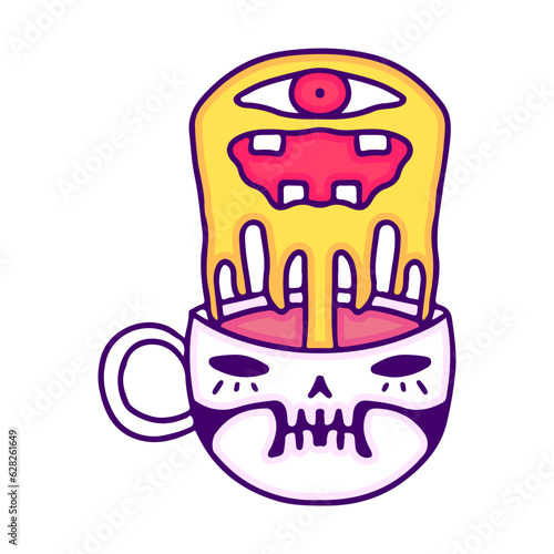 Melting monster and skull mug, illustration for t-shirt, sticker, or apparel merchandise. With doodle, retro, and cartoon style.
