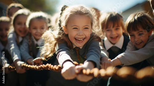 Children having a friendly tug-of-war competition, banner, schoolkids, Generative AI