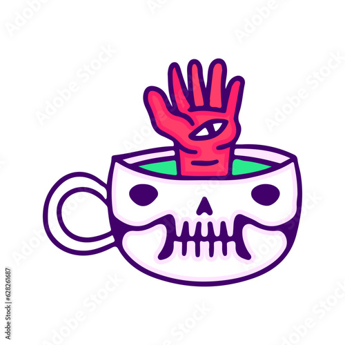 Devil hand inside a skull mug, illustration for t-shirt, sticker, or apparel merchandise. With doodle, retro, and cartoon style.