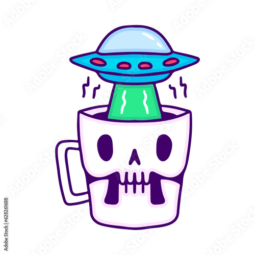 Spaceship and skull mug, illustration for t-shirt, sticker, or apparel merchandise. With doodle, retro, and cartoon style.