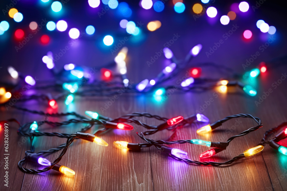 Christmas lights string on wood table background with copy space Christmas lights string on wood table background with copy space