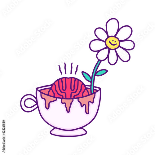 Cup of coffee with brain and sunflower inside, illustration for t-shirt, sticker, or apparel merchandise. With doodle, retro, and cartoon style.