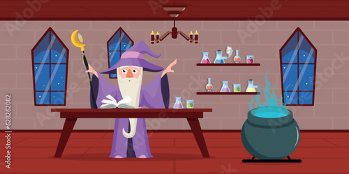 Vector illustration of a magician and his dwelling made in cartoon style Book of spells, various potions and their preparations. Magic, light and dark forces.