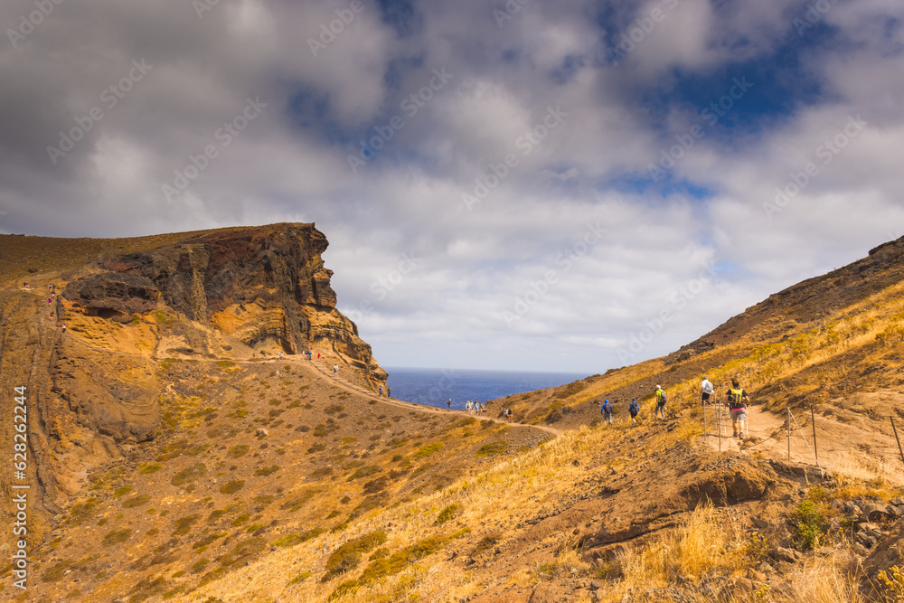 Volcanic sea cliffs of the Sao Lourenco peninsula, eastern Madeira, Portugal, Atlantic Ocean