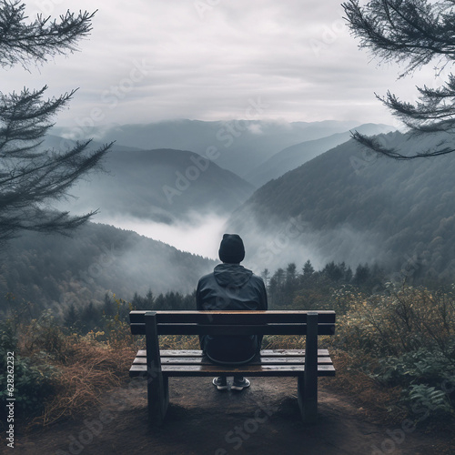 Man sitting on bench looking over valley 