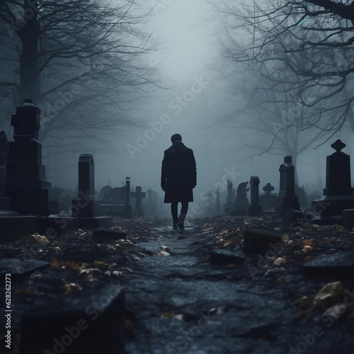 Man walking through foggy graveyard, 