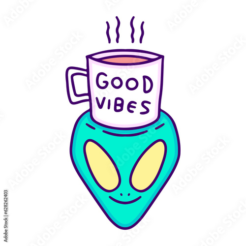 Alien head and cup of coffee, illustration for t-shirt, sticker, or apparel merchandise. With doodle, retro, and cartoon style.