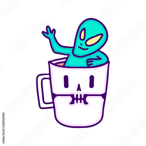Alien chill out inside a skull mug, illustration for t-shirt, sticker, or apparel merchandise. With doodle, retro, and cartoon style.