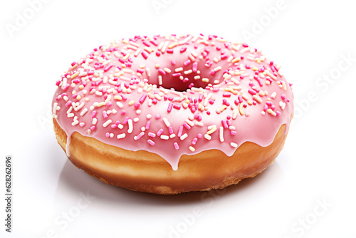 Sweet colorful donut with pink icing isolated on white background. AI generated