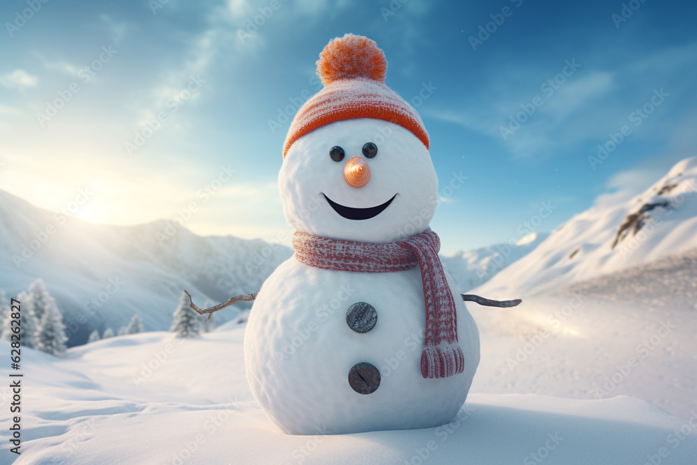 Obraz premium Panoramic view of happy snowman in winter scenery with copy space, Created using generative AI tools.