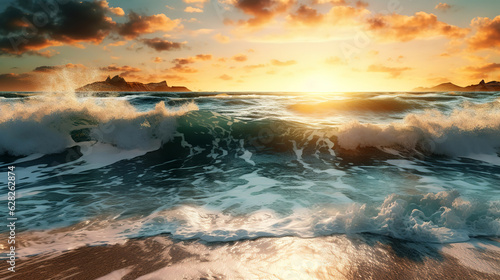 The wet sand of the beach against sparkling ocean water at dawn. Mesmerizing seascape. The concept of the beauty of planet Earth. 