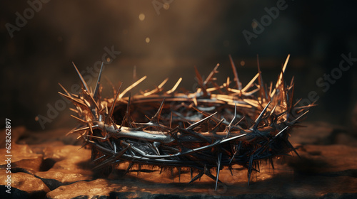 Selective focus crown of thorns of Jesus Christ on wooden background with window light, Vintage tone with copy space Generative AI