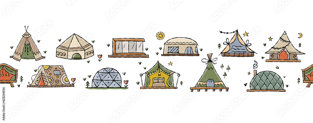 Glamping Adventures: Vector Illustration Collection for Outdoor Luxury Camping. Horizontal line seamless pattern