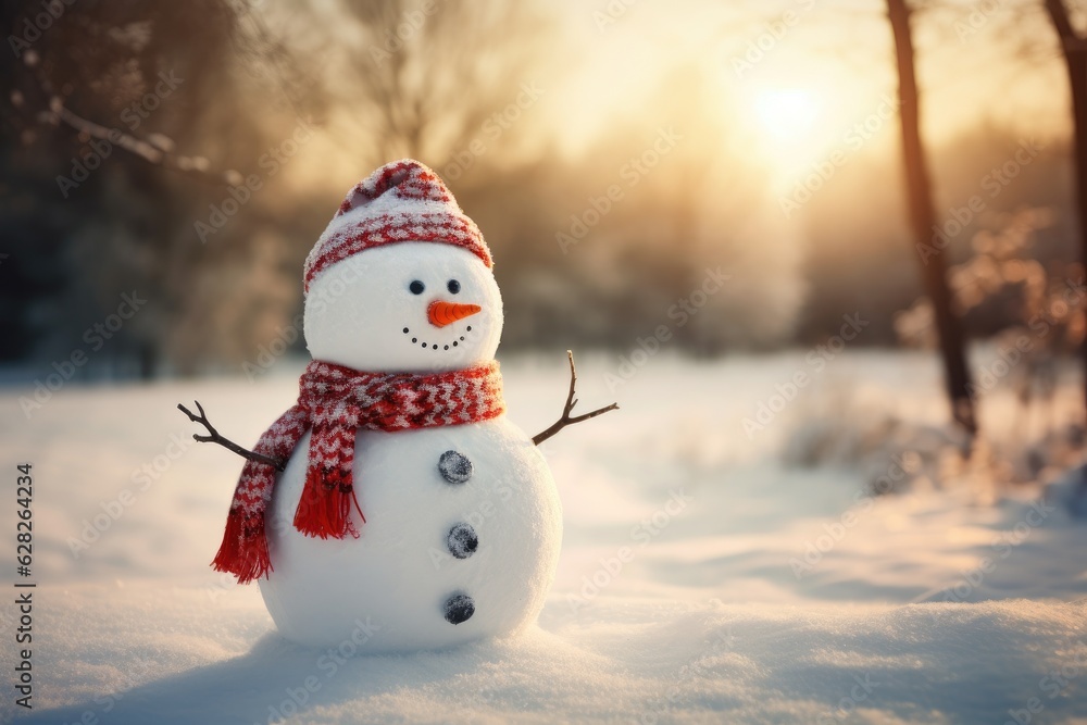 Obraz premium Christmas snowman in a snowy landscape.