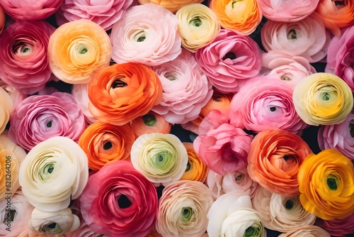 Floral texture made of colored ranunculus flowers, flat lay