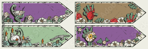 Halloween pointer background with eyeball and heart in zombie hand, skull, pumpkin and snake. Pointers posters for dark party design fo happy halloween