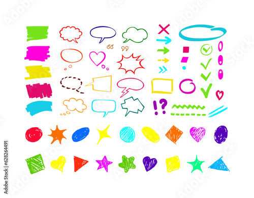 Hand drawn marker shapes, figures, speech bubbles