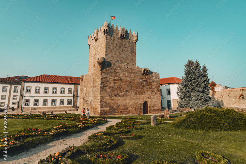 Chaves, Vila Real, Portugal - 20.07.2023: Chaves medieval castle aka Castelo de Chaves in Santa Maria Maior in the North of Portugal that defended the frontier with Galiza, Spain in the 9th century.