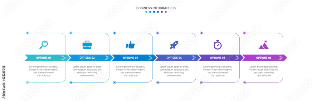 Timeline infographic with infochart. Modern presentation template with 6 spets for business process. Website template on white background for concept modern design. Horizontal layout. - obrazy, fototapety, plakaty 