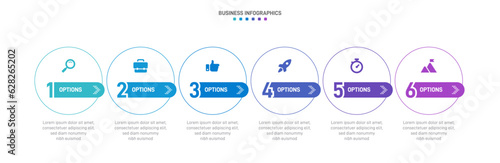 Timeline infographic with infochart. Modern presentation template with 6 spets for business process. Website template on white background for concept modern design. Horizontal layout.