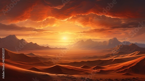  a painting of a sunset over a desert with mountains in the background. generative ai