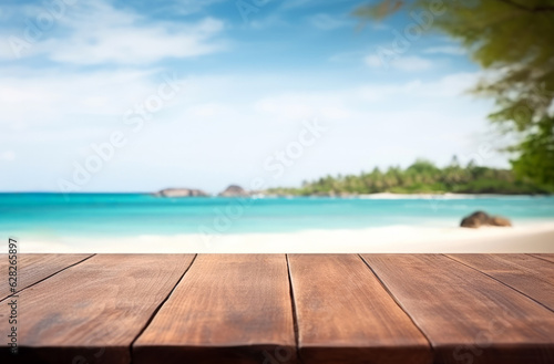 Wood table top on blur beach background - can be used for display or montage your products. High quality photo