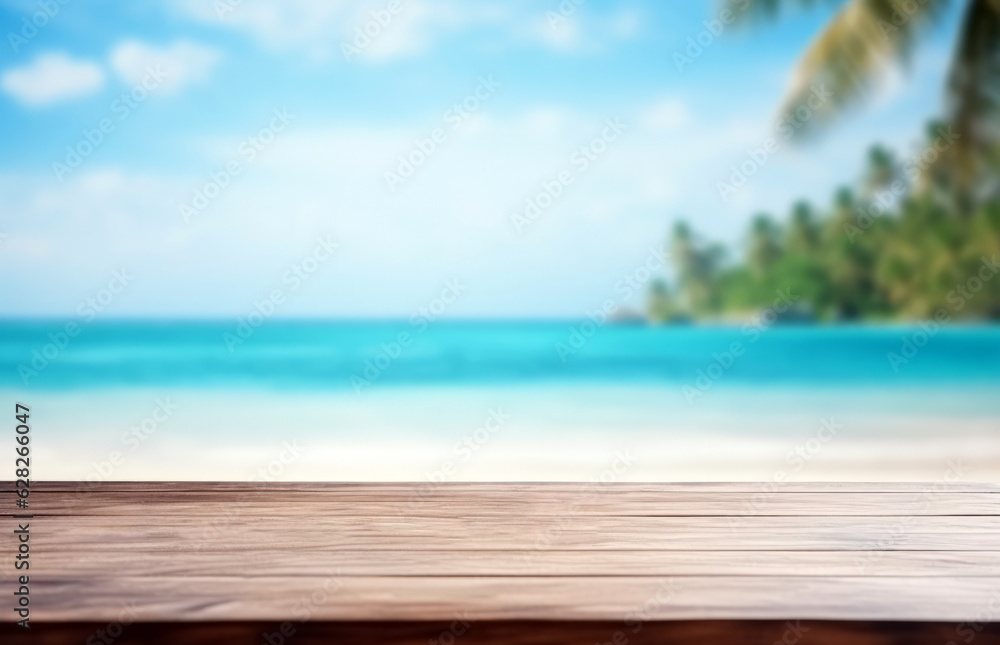 Wooden table top on blur tropical beach background - can be used for display or montage your products. High quality photo
