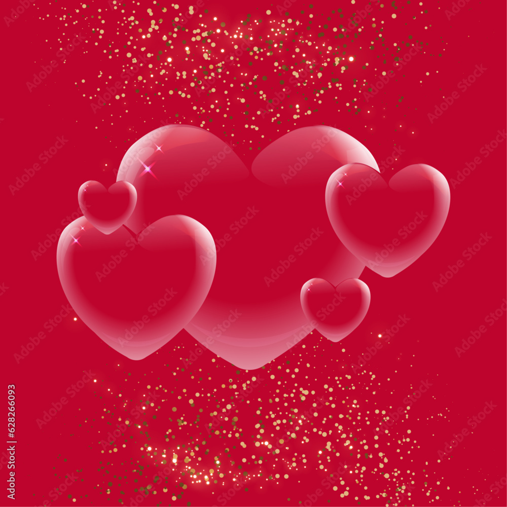 Poster with realistic hearts in glass. Look like 3d. Symbol of love. Be my Valentine. Vector illustration for card, party, design, flyer, poster, decor, banner, web, advertising