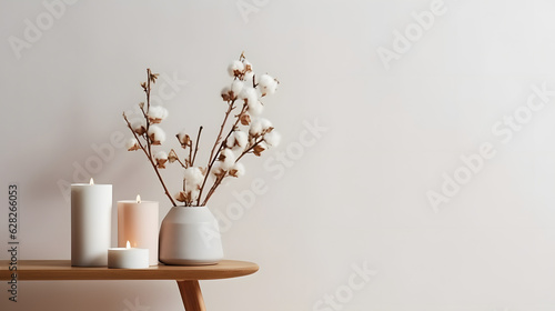 Stylish table with cotton flowers and aroma candles near light wall. Banner for design