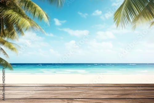Wooden deck table top on tropical beach background. High quality photo