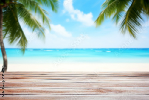 Table Top And Blur Tropical Beach Of The Blur Exterior Background. High quality photo