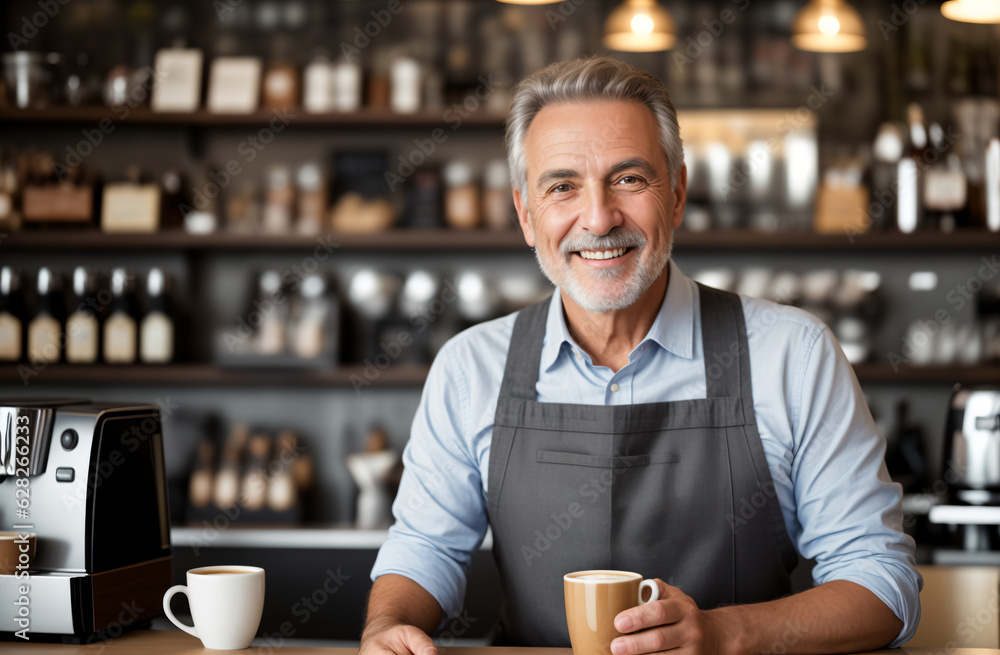 Portrait of a smiling old men at work in a vintage cafe. Portrait of a smiling old men at work in a vintage cafe.