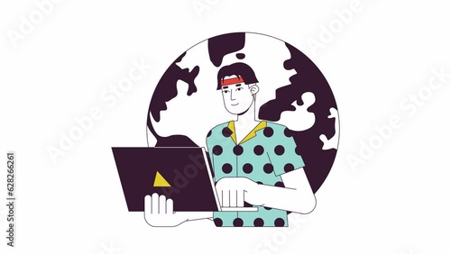 Connected anywhere line 2D animation. Telework male 4K video motion graphic. Young adult asian man typing laptop in front of globe world linear animated cartoon flat concept, white background photo
