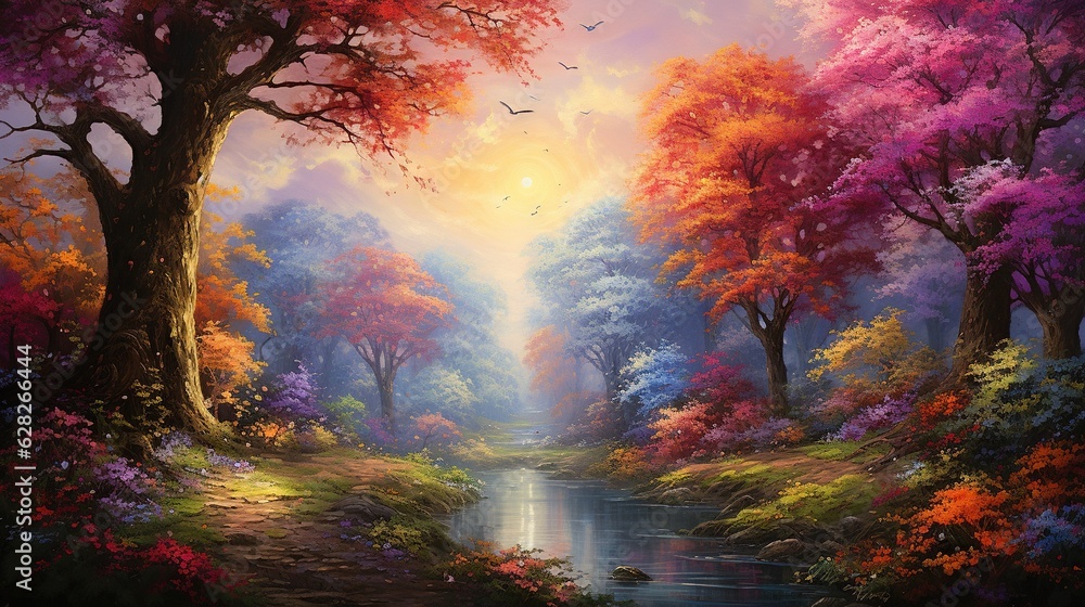  a painting of a colorful forest with a river running through it.  generative ai