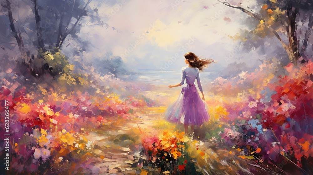 a painting of a woman walking through a field of flowers. generative ai a painting of a woman walking through a field of flowers. generative ai