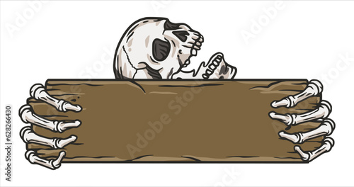 Skeleton with wooden plaque in hands, skull and bone fingers for october autumn scary halloween design and mystery halloween night