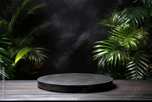 Empty black round podium on wooden table in front of tropical plants. High quality photo