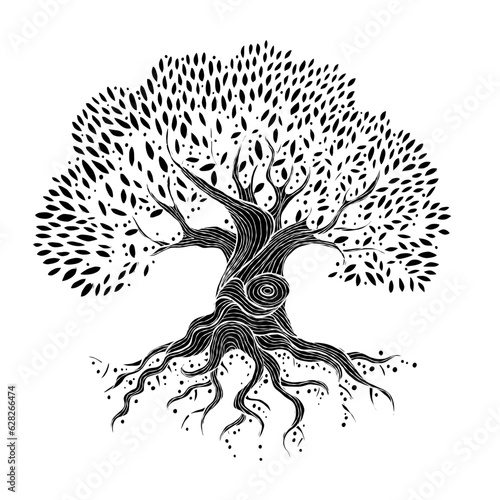 Old big family tree with roots isolated on white. Concept Art for your design. Design interior ideas.