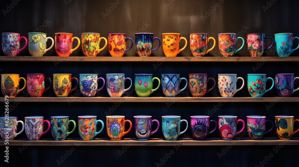 a shelf filled with lots of different colored coffee mugs. generative ai a shelf filled with lots of different colored coffee mugs. generative ai