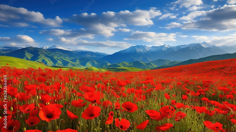  a field full of red flowers with mountains in the background.  generative ai