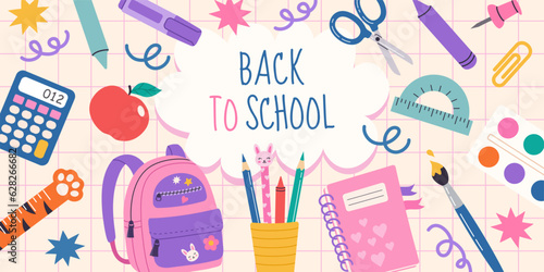 Back to school banner. Flat cartoon hand draw illustration. Vector design with school supplies: backpack, notebook, ruler, pencils. Perfect for social media, web ads, print, flyers, cards.