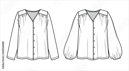 Vector woven V neck blouse fashion CAD, woman long sleeved shirt with button technical drawing, template, sketch, flat. Jersey or woven fabric 2 pieces set of blouse with front, back view, white color